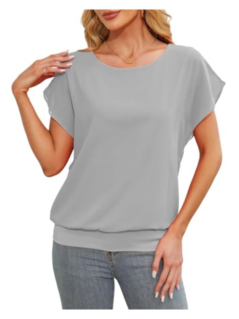 Women's Casual Short Sleeve Chiffon Blouse with Crew Neck Flutter Sleeve Top